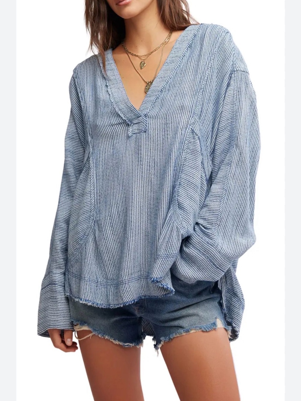 We The Free Light Blue Striped V-Neck Pullover